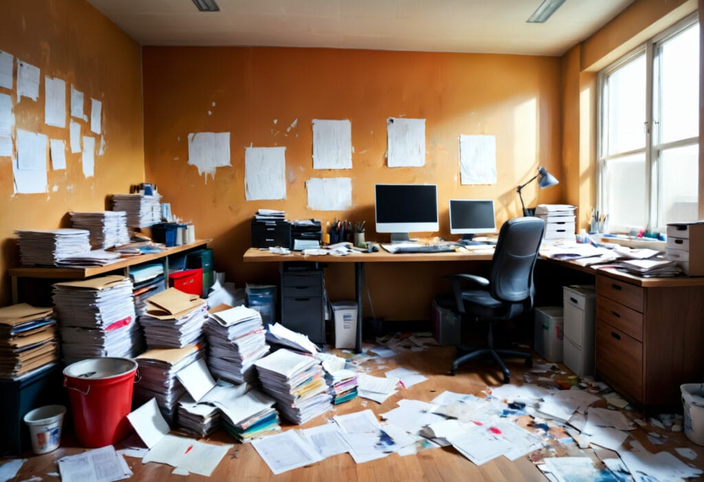 A messy office space in the Bay Area filled with piles of papers, cluttered desk, and an outdated computer that may need a small demolition service for efficient junk removal.