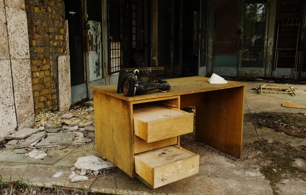 An old wooden desk in an abandoned building in the Bay Area.