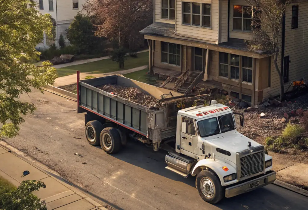 A big truck full loaded with construction waste collect by a Free Junk debris service